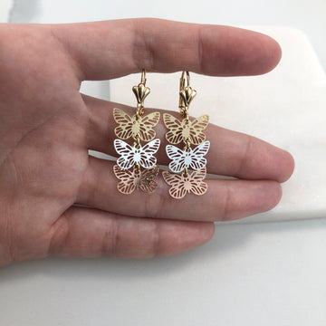 18K Gold Layered Oro Laminado Tri-Tone Cut Out Butterfly Design Dangle Earrings 21.0343
